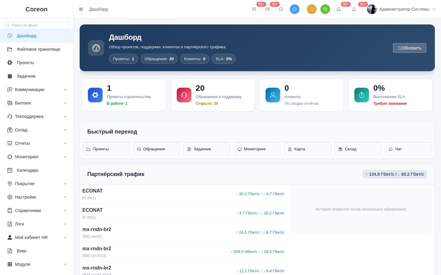 Coreon ERP — Дашборд ERP: Сводка KPI и инцидентов